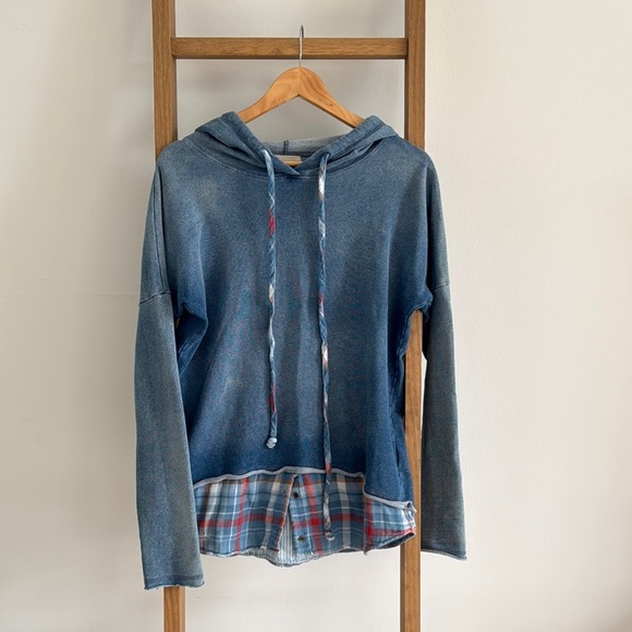 Anthropologie Tops - ANTHROPOLOGIE l Cloth & Stone Blue Plaid Layered Hoodie 100% Cotton Small